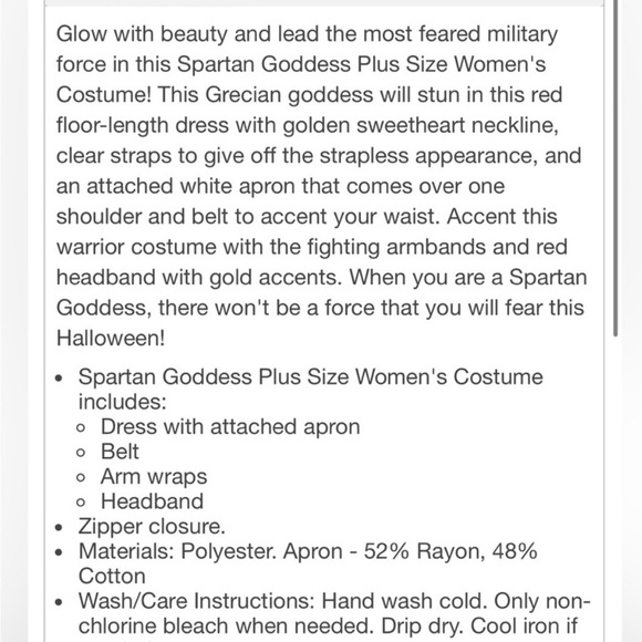 Spartan Goddess Adult Costume - Red and White size 8-12 M/L - Picture 7 of 7